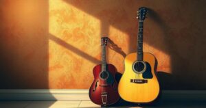 A guitar resting against a wall with softly diffused lighting, creating a warm and inviting atmosphere.