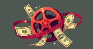 A vibrant abstract illustration of a film reel and dollar bills, symbolizing the adult entertainment industry.