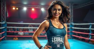 A confident woman enjoying her wrestling comeback, symbolizing empowerment and new beginnings, with vibrant colours.