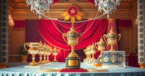 A festive scene depicting a royal honour ceremony with sparkling trophies and elegant decorations.
