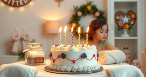 Warm, heartfelt scene depicting a birthday celebration with a beautiful cake, candles, and soft pastel colours.