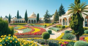 A serene landscape featuring the Bahá’í Gardens in Haifa, Israel, with lush greenery and iconic terraced layout.