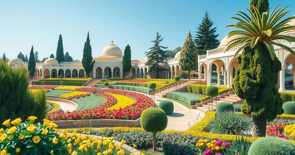 A serene landscape featuring the Bahá’í Gardens in Haifa, Israel, with lush greenery and iconic terraced layout.