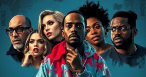 Six celebrities responding to P Diddy's issues, with expressive tones and emotive backgrounds.
