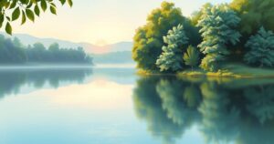 A serene landscape with soft pastel colours, depicting a calm lake surrounded by trees, symbolising harmony.