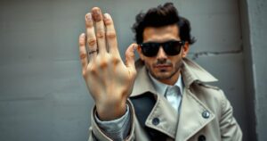 A chic urban scene with a stylish trench coat and sunglasses, a hand raised displaying a missing ring, emphasising solitude.
