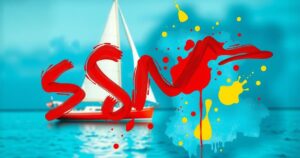 Abstract artistic representation of a scandalous theme featuring a blurred sailboat and vibrant colours in a collage style.