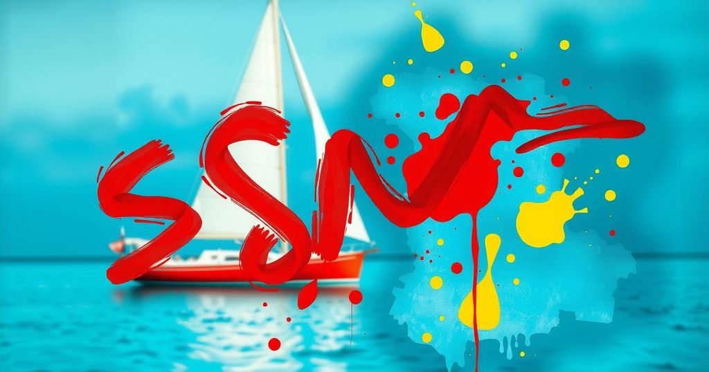 Abstract artistic representation of a scandalous theme featuring a blurred sailboat and vibrant colours in a collage style.