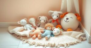 A nostalgic setting with baby toys and a soft pastel colour palette, highlighting memories of childhood.