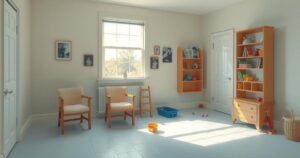 A serene room filled with gentle light, showcasing empty chairs and toys, symbolising the emotions of an empty nester.