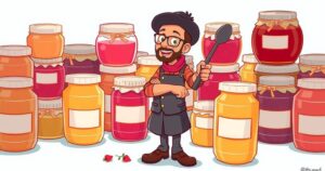 A humorous cartoon depicting a food broker surrounded by jars of jam, with playful colours in a whimsical style.