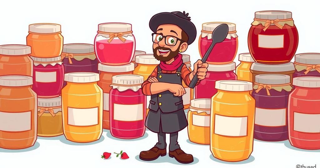 A humorous cartoon depicting a food broker surrounded by jars of jam, with playful colours in a whimsical style.