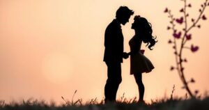 A romantic scene depicting love and affection, inspired by an elegant, cinematic style with warm pastel colours.