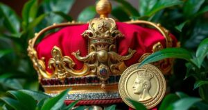 A royal setting featuring a crown and a shimmering medal against a backdrop of lush greenery.