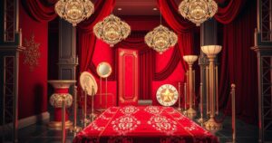 Stylised digital artwork depicting a vibrant red carpet event with elements symbolizing celebrity relationships.