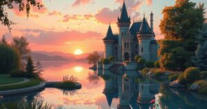 A digital illustration of a glamorous fantasy castle set against a sunset sky in vibrant hues.