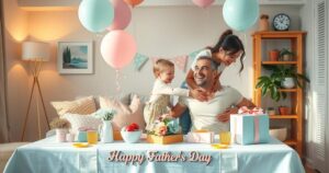 A warm celebration scene depicting a family gathering for Father's Day with vibrant colours and a joyful atmosphere.