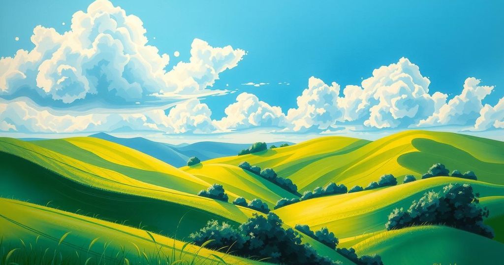 A serene landscape featuring lush green hills under a bright blue sky, with soft clouds and gentle sunlight.