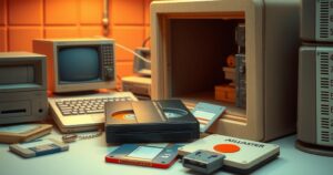 A vintage style scene depicting a VHS tape, a safe, and retro internet icons set in the 1990s.