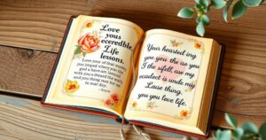 Open book with floral design, warm colour palette, showcasing heartfelt quotes and memoir themes.