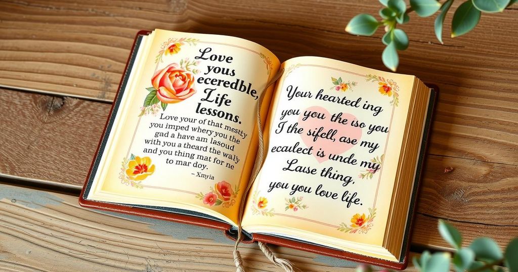 Open book with floral design, warm colour palette, showcasing heartfelt quotes and memoir themes.