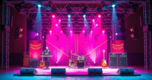 Vibrant Shakira concert scene with colourful lights and stage decorations during a music festival.
