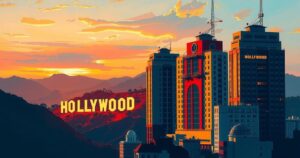 A Hollywood skyline at sunset, captured in vibrant oranges and blues, symbolising glamour and controversy.