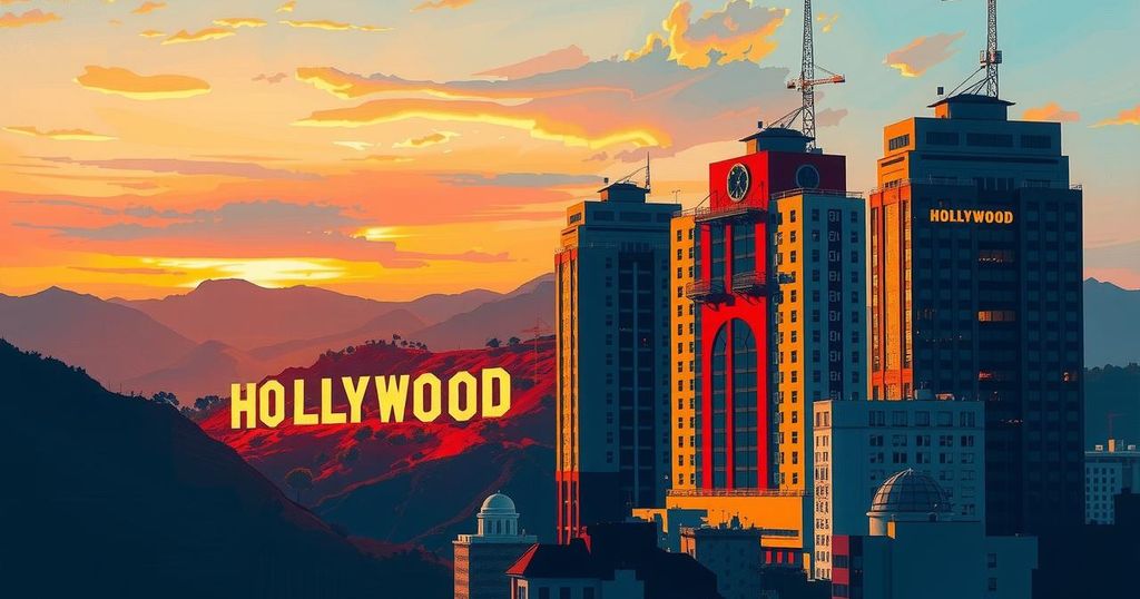 A Hollywood skyline at sunset, captured in vibrant oranges and blues, symbolising glamour and controversy.