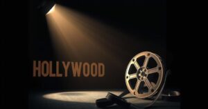 Artistic depiction of a Hollywood scene with film reels, a spotlight, and a shadowy backdrop in muted tones.