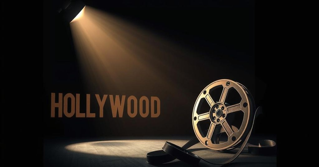 Artistic depiction of a Hollywood scene with film reels, a spotlight, and a shadowy backdrop in muted tones.