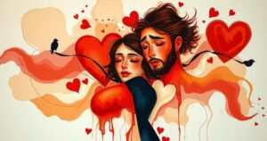 Abstract art depicting a couple's bond and challenges, with warm hues and fluid shapes representing emotions.