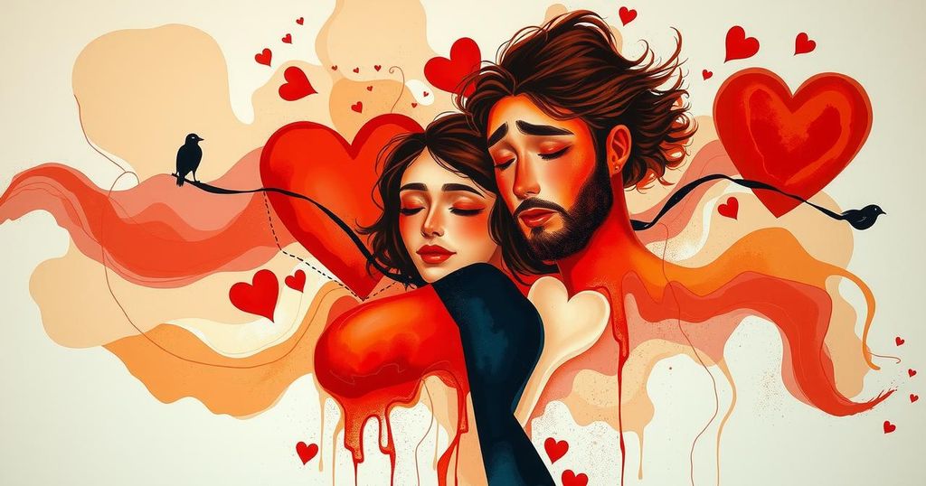 Abstract art depicting a couple's bond and challenges, with warm hues and fluid shapes representing emotions.