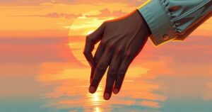A couple's hands entwined, with a glowing sunset in the background representing love and unity.