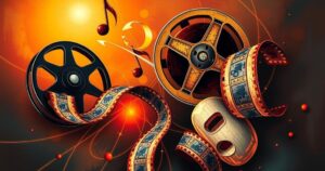 A vibrant representation of Black Hollywood's legends, featuring iconic film reels, musical notes, and rich colours.