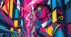Dynamic scene depicting a tense urban environment reflecting celebrity culture with bold colours and abstract forms.