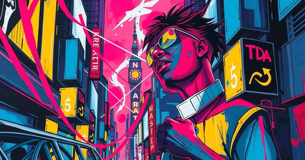 Dynamic scene depicting a tense urban environment reflecting celebrity culture with bold colours and abstract forms.