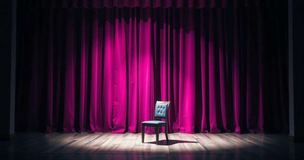 A Broadway stage with dramatic lighting, showcasing a spotlight on an empty chair and purple curtains, symbolising intrigue.