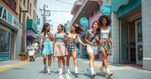 A nostalgic scene from the 90s featuring iconic fashion elements from Clueless, with pastel colours and retro accessories.