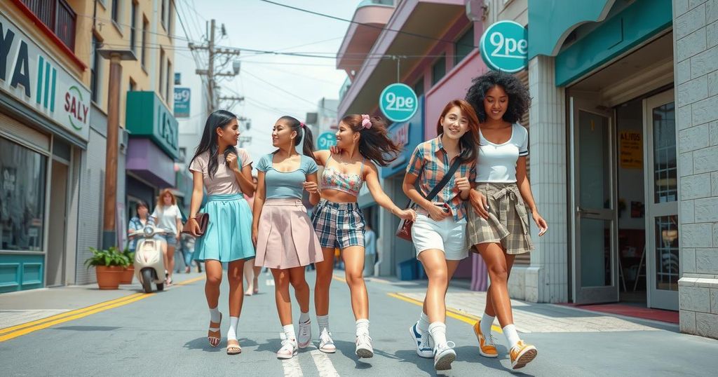 A nostalgic scene from the 90s featuring iconic fashion elements from Clueless, with pastel colours and retro accessories.