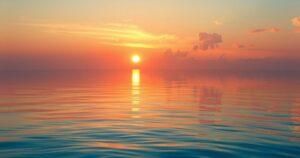 A serene landscape at sunset with calm waters reflecting warm hues, suggesting relationship harmony.