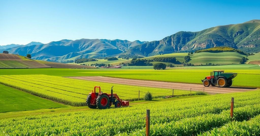 Tractor working on a farm with mountains in the background and green fields under a blue sky.