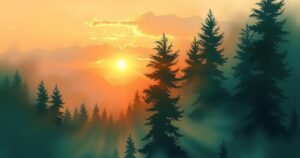 A serene landscape with a sunrise over a forest, symbolising renewal and new beginnings.