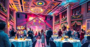 A vibrant celebration scene featuring a festive venue with decorative lights and elegant table settings, embodying joy and excitement.