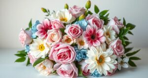 A vibrant bouquet of mixed flowers in soft pastel shades symbolising love and remembrance.