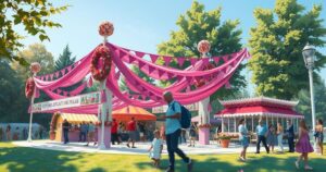 A vibrant park scene during a festival with colourful decorations and a lively atmosphere.