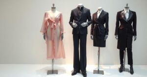 Three fashionable outfits displayed on mannequins, featuring elegant organza dresses and tailored menswear inspired looks.