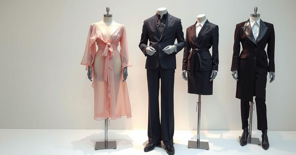 Three fashionable outfits displayed on mannequins, featuring elegant organza dresses and tailored menswear inspired looks.