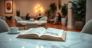 A calm book event setting featuring a table with a memoir, surrounded by soft lighting and elegant decor.