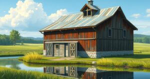 A serene countryside scene featuring a rustic barn under a clear blue sky, surrounded by lush greenery and a tranquil lake.