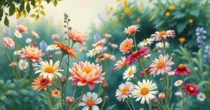 A serene flower garden with lush greenery and vibrant blooms, reflecting a peaceful outdoor setting for relaxation.